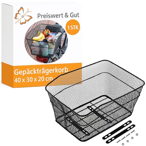 Preiswert&Gut Fahrradkorb hinten – Gepäckträgerkorb 40×30×20 cm – Stabiler Drahtkorb aus Stahl bis 10 kg Tragkraft – ideal für Schultaschen & Einkäufe – Fahrrad Korb für Gepäckträger hinten