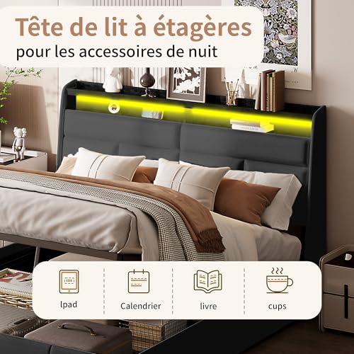 MISNODE Boxspringbett 140 x 200 cm, Doppelbett mit LED-Lichtern, Gepolsterter Bettrahmen aus PU mit Lattenrost, Bett für Erwachsene und Jugendliche, Schwarz (Schwarz-B, 140 x 200 cm) – Bild 5