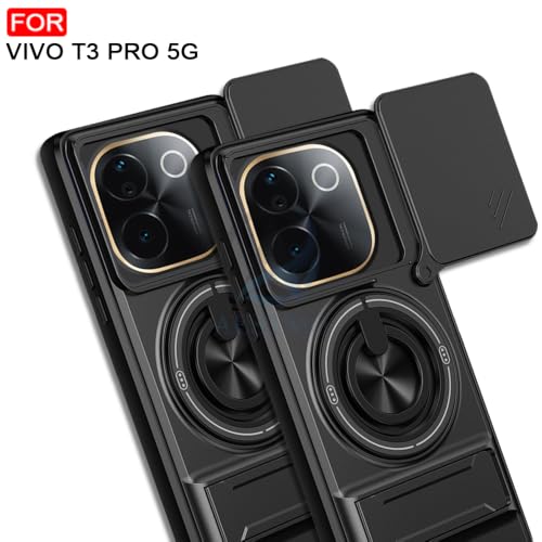 Image of AESTMO Vivo T3 Pro 5G Back Cover | Armor Camera Slider 360 Degree Rotating Finger Ring Holder Case with Bracket Stand Back Case Cover (Compatible with MagSafe Accessories) (Black)