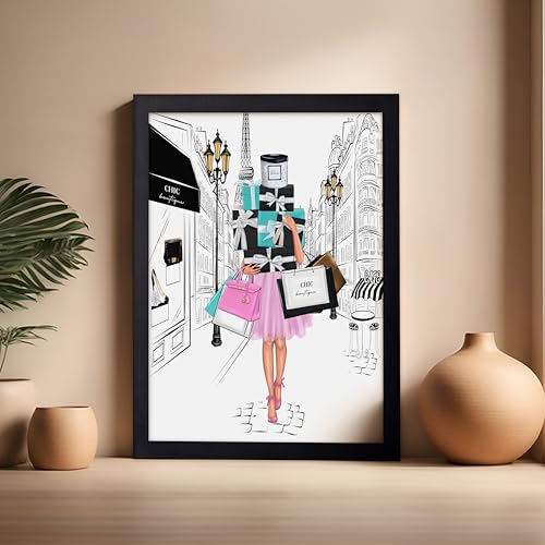 Image of Poster Master Fashion Poster - Lady with Shopping Bags Print - Trendy Art - Modern Art - Gift for Her & Fashionista - Luxury Haute Couture Decor for Bedroom or Girl's Room, 16x20 Black Framed