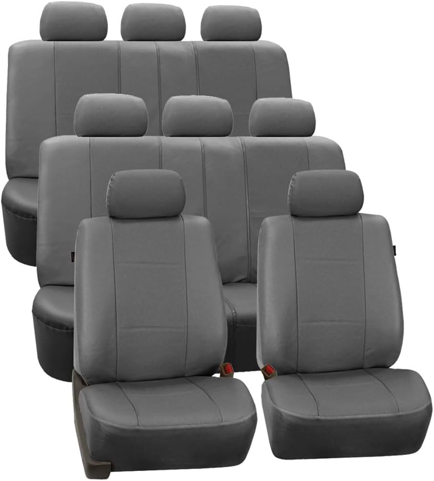 FH Group Three Row Car Seat Covers Deluxe Leatherette with 8 Seater, Airbag Compatible and Rear Split – Universal Fit for Cars Trucks & SUVs (Gray) Solid Gray 3 Row 8 Seater