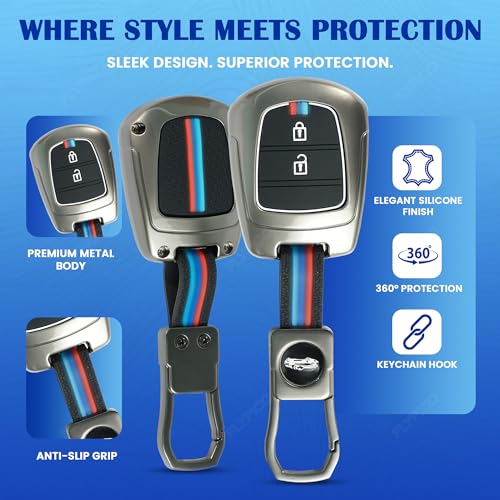 Image of Metal Silicon Car Key Cover Compatible with i10 Grand,Eon | New Santro | Metal & Silicon Protection Special Feature Visible in Low-Light Conditions, Brown