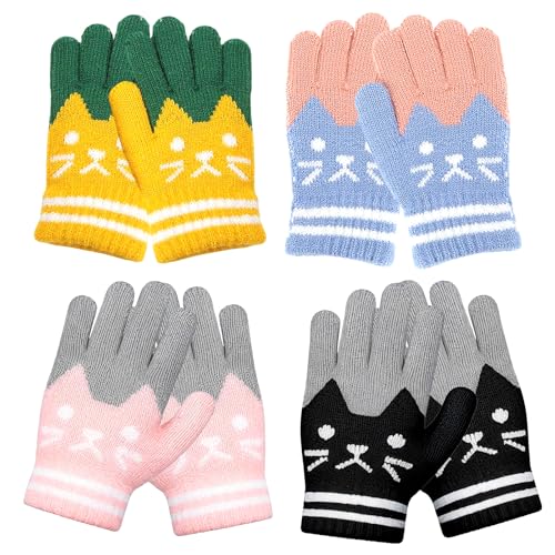 KASURE 4 Paires Tricotés Gants Enfant,Mitaines Chaudes et Douces avec Corde, pour Filles et Garçons, children's winter gloves，Cadeau de Noël Idéal