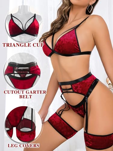 Image of popiv Women's Sexy Lingerie Set with Garter Belt Matching Bra and Panty Lingeries Sets 4 Piece