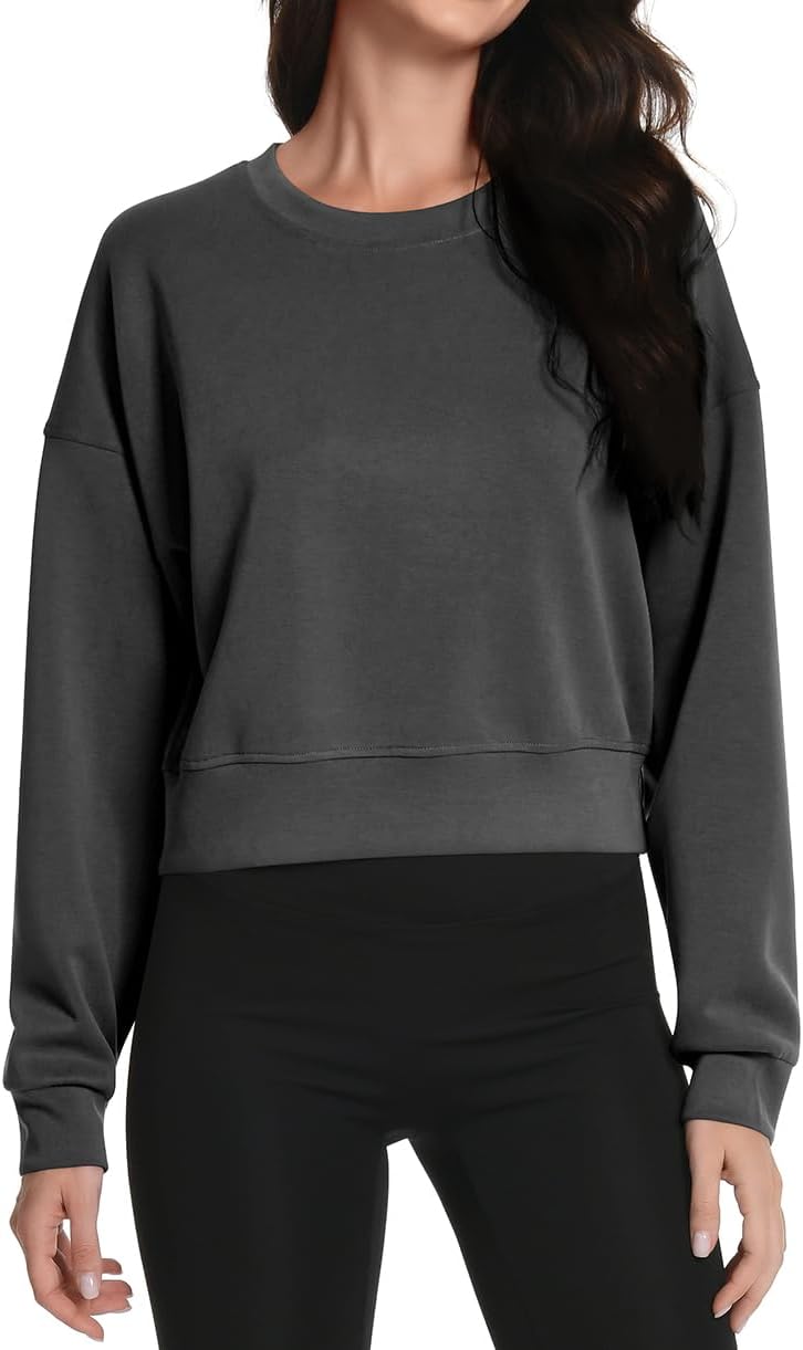 Auriviz Womens Modal Long Sleeve Cropped Sweatshirts Oversized Workout Shirts Crew Neck Pullover Crop Tops - Image 2