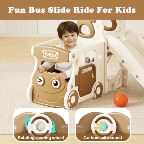 Image of XJD 10 in 1 Toddler Slide, Kids Slide for Toddlers 1-3, Toddler Play Climber Slide Playset with Basketball Hoop and Ball,Toddlers Outdoor Indoor Playground (Brown, Small)
