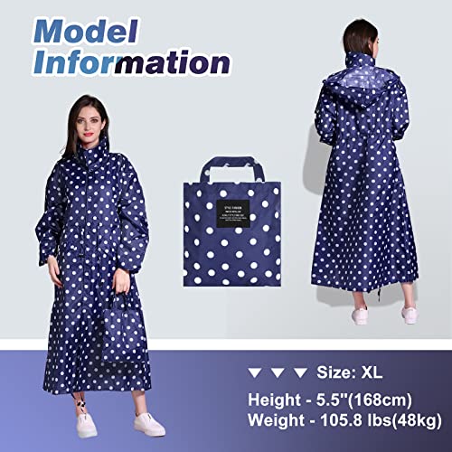 SOPPY Regenmäntel für Damen, langer, wasserdichter Mantel, winddichter Regenmantel, leichter Poncho, schnell trocknend, lange Regenjacke, Kapuzenregenmantel für Damen, Einheitsgröße, Blaue Punkte, L