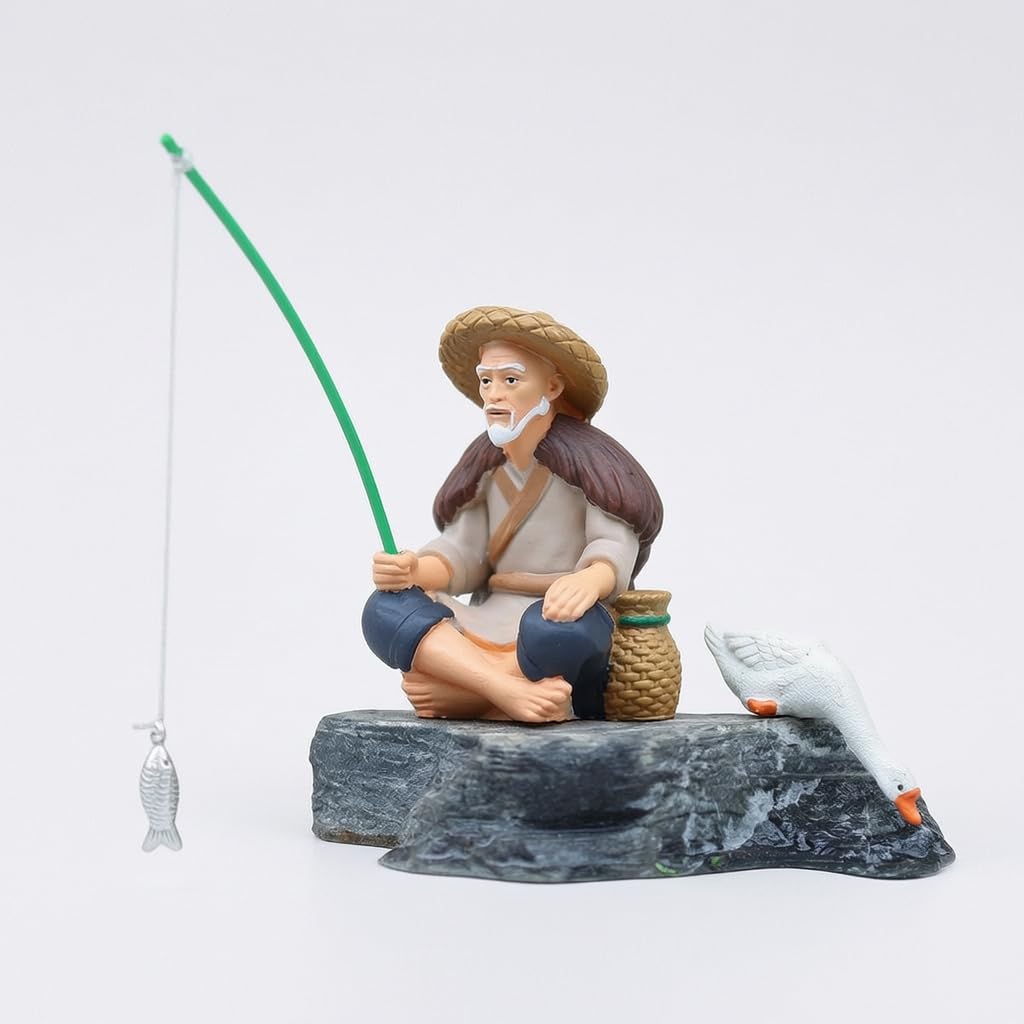 chinese man with fishing pole Style Old Micro Landscape Ornament for Fish Tank and Garden Decor Large Fisherman C + Green Rod + Drinking Goose Pet Supplies Color:Black Blue Flake / Electric Blue XGALBLA Cute Lifelike Fish 2023 Holiday Gift Guide