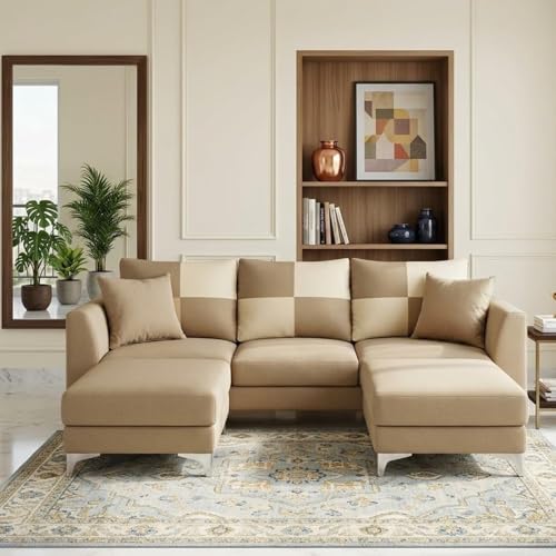 Image of Romeo 5 Seater L Shape Sofa Set with 2 Movable Ottomans | Flexible Layout | Rich Velvet Suede Fabric | Silver Legs | Modern Sofa for Living Room (Beige)