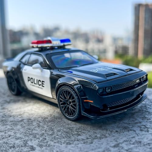 Image of Exclusive Alloy Metal Pull Back Die-cast Car Scale Model with Sound Light Mini Auto Toy for Kids Metal Model Toy Car with Sound and Light?New Version? (1.32 Scale-Dodge CHALLANGER Police-Black)