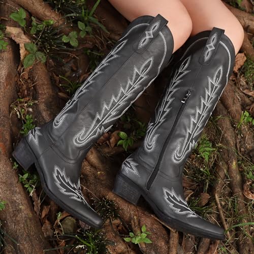 Image of Rivalran Cowboy Boots for Women - Knee High Pointed Toe Chunky Heel Pull On Zipper Western Cowgirl Boots, Retro Country Vintage Fashion Tall Boots