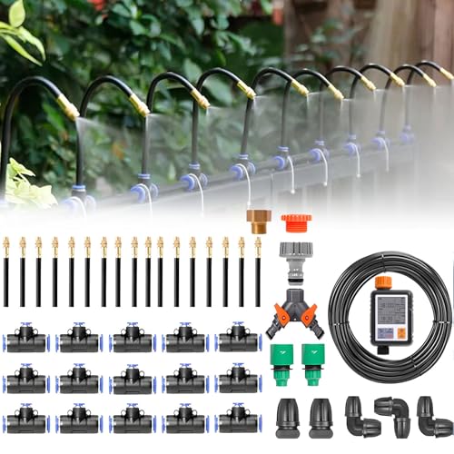 Automatic Drip Irrigation Kit 20-50m, Smart Timer & 360° Mist Nozzles, Efficient Garden Watering System for Plants and Lawn Care, 20m/65.6ft with Timer Included