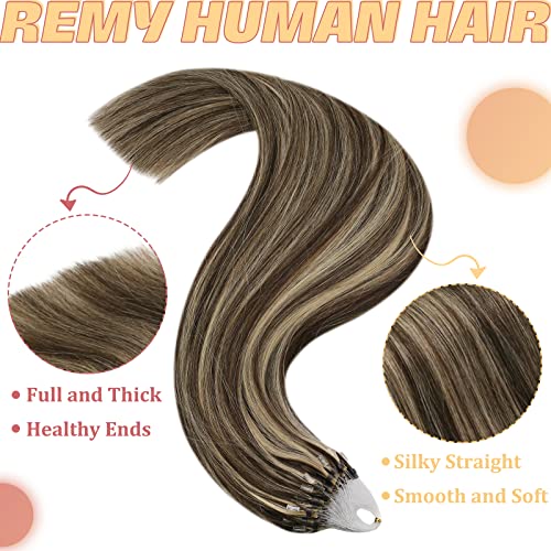 YoungSee Micro Ring Hair Extensions Brown 24inch,Long Straight Human Hair Extensions Micro Loop,Dark Brown with Blonde Highlight,for All-Day Wear,Cold Fusion,50s 50g Add Length - Image 4