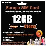 Prepaid SIM Card for Europe Travel with 12GB of 4G Data, Unlimited Calls and SMS in Europe with France Phone Number, 30 mins and 200 SMS from Europe to Worldwide(Lasts for 31 Days),Tethering Allowed