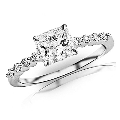 14K White Gold 2.15 Carat LAB GROWN DIAMOND Floating Prong Set Round Princess Cut Diamond Engagement Ring (G-H Color VS2-SI1 Clarity 2 Ct Center)