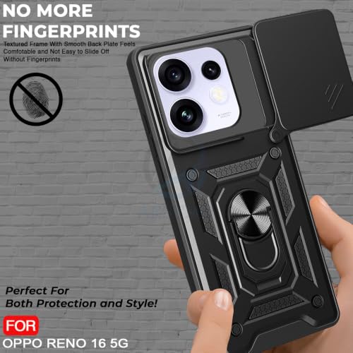 Image of AESTMO Tough Armor Oppo Reno 16 5G Bumper Back Case Cover | Ring Holder & Sliding Camera Shield Cover | 360 Degree Protection Back Case Cover for Oppo Reno 16 5G (Black)