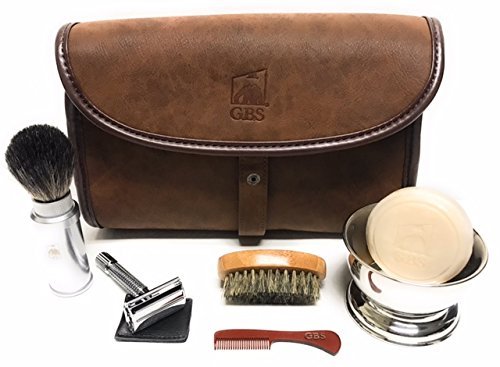 G.B.S Juego de aseo para caballeros - Kit de viaje para aseo personal + cerdas de tejón, maquinilla de afeitar de seguridad de doble filo, cuenco de afeitar cromado, jabón de afeitar, cepillo de barba