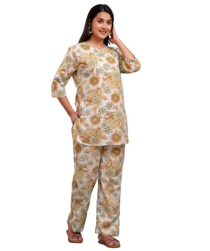 Image of Pure Cotton Printed Night Suit Set | Top Pyjama Set for Women | Night Dress of Kurta Pyjama Set for Women | Kurta Top Set