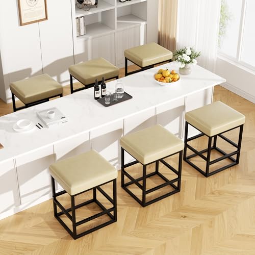 Image of Bar Stools Set of 6, 24in Counter Height Barstools, Faux Leather Counter Stools with Thick Square Seats & Sturdy Metal Base, Modern Bar Chairs for Kitchen Island (Beige)