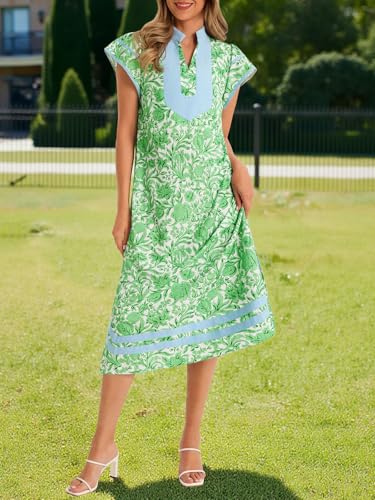 Image of Wenrine Womens Summer Floral Maxi Dress Casual Short Cap Sleeve V Neck Color Block Side Slit Loose Boho Beach Dresses