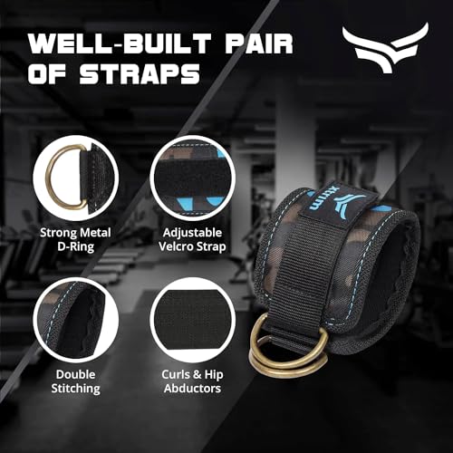 Image of XTRIM Unisex Stylish Ankle Straps with Metal D-Rings for Cable Machine, Kickbacks and Glutes Workouts, Adjustable Ankle Straps, Curls & Hip Abductors with Padded Neoprene Support (Army Blue)