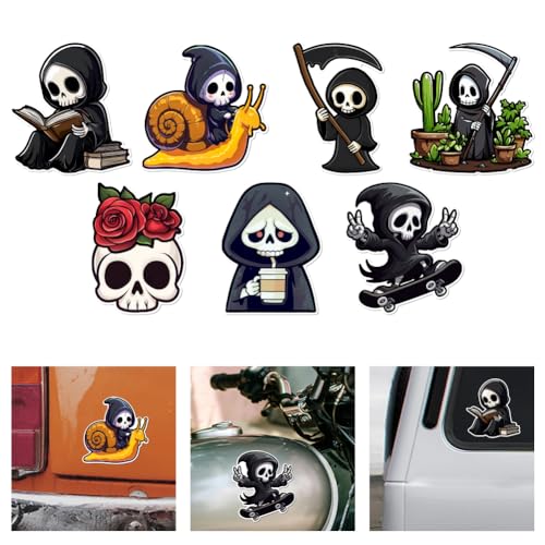 WADORN 7 Styles Autocollants en Vinyle Mignons de Squelette Mort, Autocollants en Vinyle Squelette et Tête de Mort Stickers Imperméables pour Vitres de...