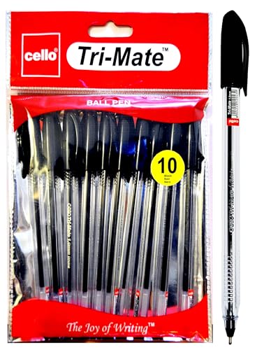 Cello Black Ballpoint Pens, Tri-Mate Medium Point Biros Multipack Pens | 1.0mm Ball Point Black Ink Pens for Writing | Ballpoint Pens Ideal for Stationery Supplies and School Supplies Pack of 10