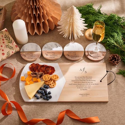 Juego de Tabla de Cortar de Madera y Mármol con Grabado Personalizado | Tabla para Quesos y Charcutería con Posavasos, Ideal como Regalo para Boda o Inauguración de Hogar