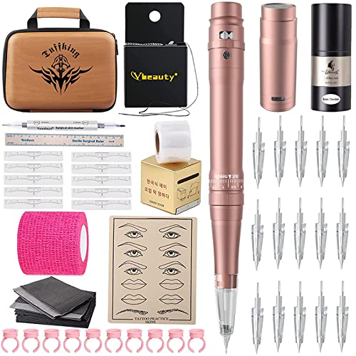 Permanent Eyebrow Makeup Tattoo Machine Kit with 700mAh Wireless Battery 15 pcs Cartridge Needles Microblading Supply for Eyebrow Lip Eyeliner Microshading Supplies(Pink Tattoo Kit)