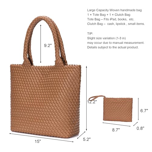 Image of BAGOK Woven Tote Bag for Women, Handwoven Vegan Leather Shoulder Bag with Clutch, Large Tote for Work, Travel & Beach