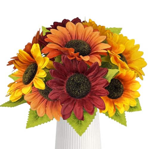 Image of 9PCS Sunflower Fall Artificial,Fake Silk Orange Red Yellow Sunflower | 13.8 inch Autumn Artificial Flowers for Fall Home Decor, Baby Shower, Wedding Decor and Cemetery Flowers Decor