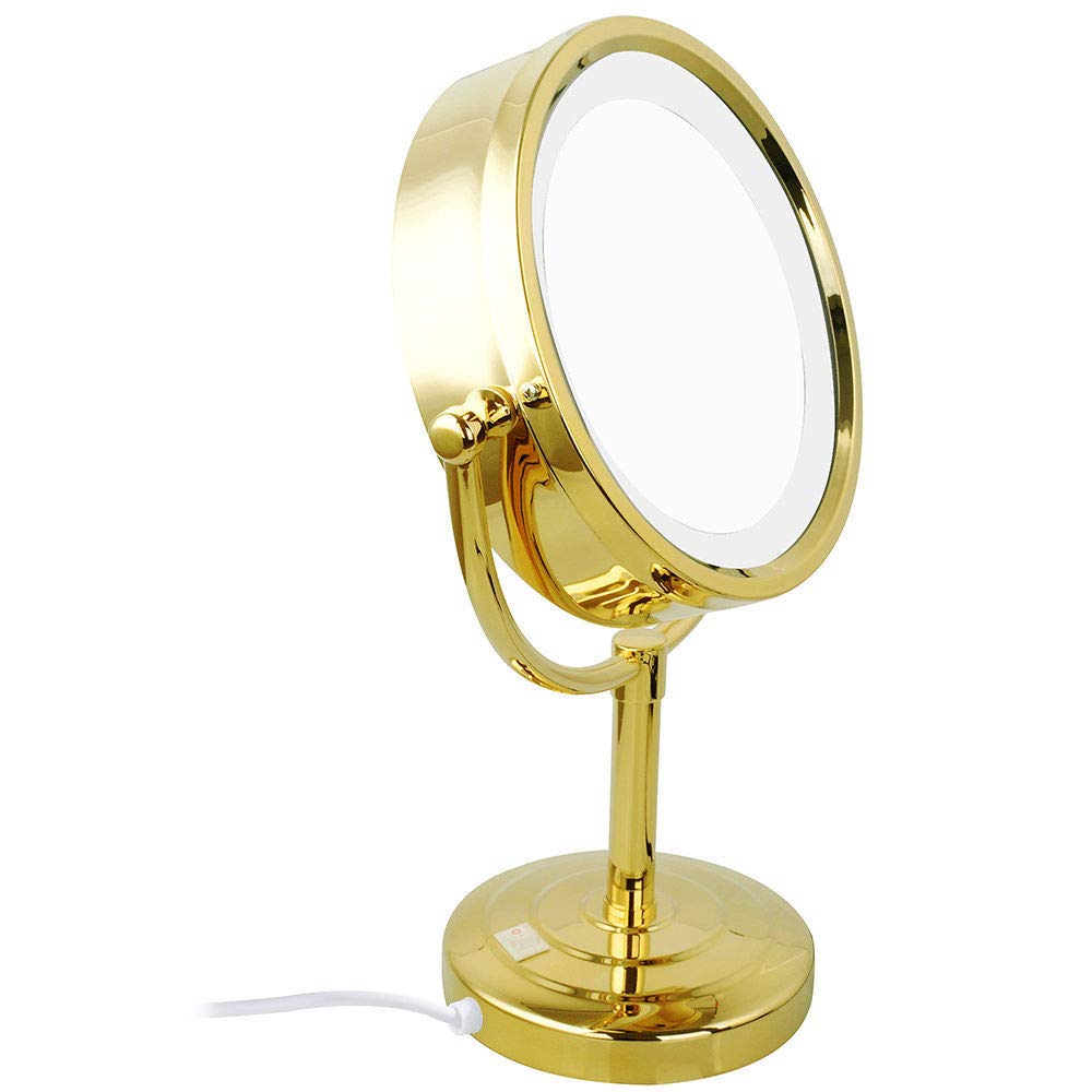 SHAUNI Espejos De Maquillaje De Encimera, Luces LED De Doble Cara De 8.5 Pulgadas Espejo De Aumento Cosmético De Pie Dorado Ajustable De Latón con Enchufe E Interruptor,3X