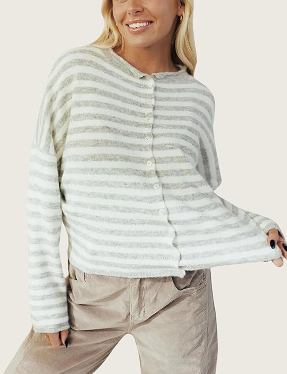 Esmeling Women Button Down Striped Cardigan Crew Neck Long Sleeves Sweater Open Front Knit Outerwear - Image 2