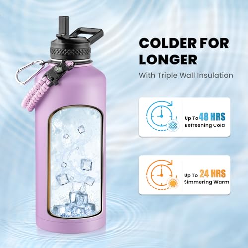 Image of RAYMYLO Insulated Water Bottle 87 oz, Triple Wall Vacuum Stainless Steel (Cold for 48 Hrs), Leak Proof & Non-BPA, Modern Water Flask Jug with Paracord Handle & Straw Spout Lids, Light Purple