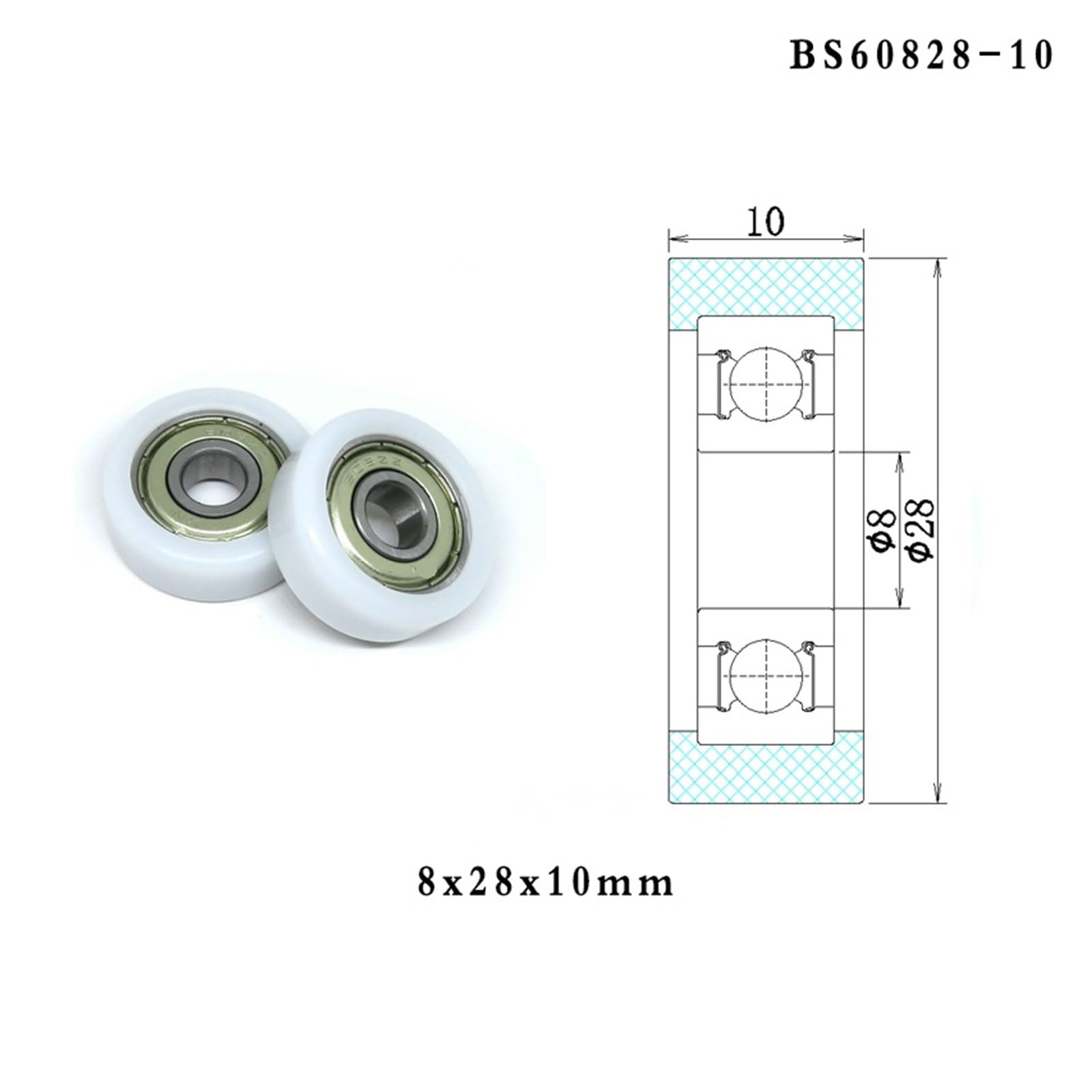 10 sztuk 8 x 28 x 10 mm zapakowane nylonowe koło pasowe z tworzywa sztucznego, 28 mm POM szuflada meblowa BS60828-10, 8 x 28 x 10 płasko zapakowane gumowe koło łożyskowe 608