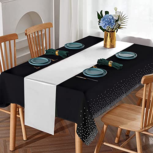 16Pack Disposable Plastic Tablecloths And Satin Table Runner Set Black And Silver Dot Tablecloth Silver Satin Table Runner For Wedding Birthday Baby Shower Anniversary Christmas New Year Party Supply #TOP3