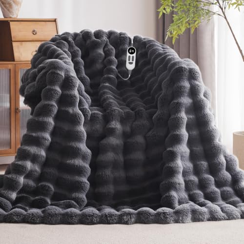 Anysay Heated Blanket Throw with 1/2/3/4 Hours Auto-Off 6 Heat Levels, 50' * 60' Cozy Faux Rabbit Fur Bubble Electric Blanket with Overheat Protection(Dark Grey)