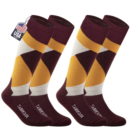 2-Pair Merino Wool Snowboard Socks, Made in USA Midweight with Full Cushion, OTC Ski Socks for Men & Women (Loveland) Small Plum