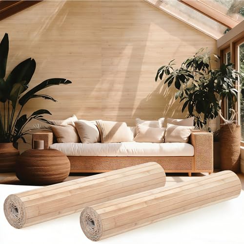 Juexica 2 Pcs Natural Bamboo Wall Panel 16 x 96 Inch Bamboo Covering Renewable Pole Wrap Fencing Wainscoting Room Divider for Interior Wall Decoration Bedroom Living Room Ceiling (Light Carbonized)