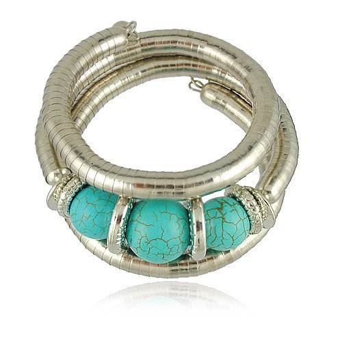 Image of Bold N Elegant Silver Snake Multilayer Turquoise Stone Tibetan Boho Bead African Ethnic Bangle Handcuff Bracelet for Women
