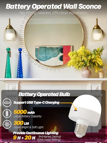 Image of Vintage Battery Operated Wall Sconces Set of 2,Brass Gold Bathroom Vanity Light with Clear Glass Dimmable Cordless Rechargeable Wall Lamps for Bedroom Living Room Bathroom Hallway