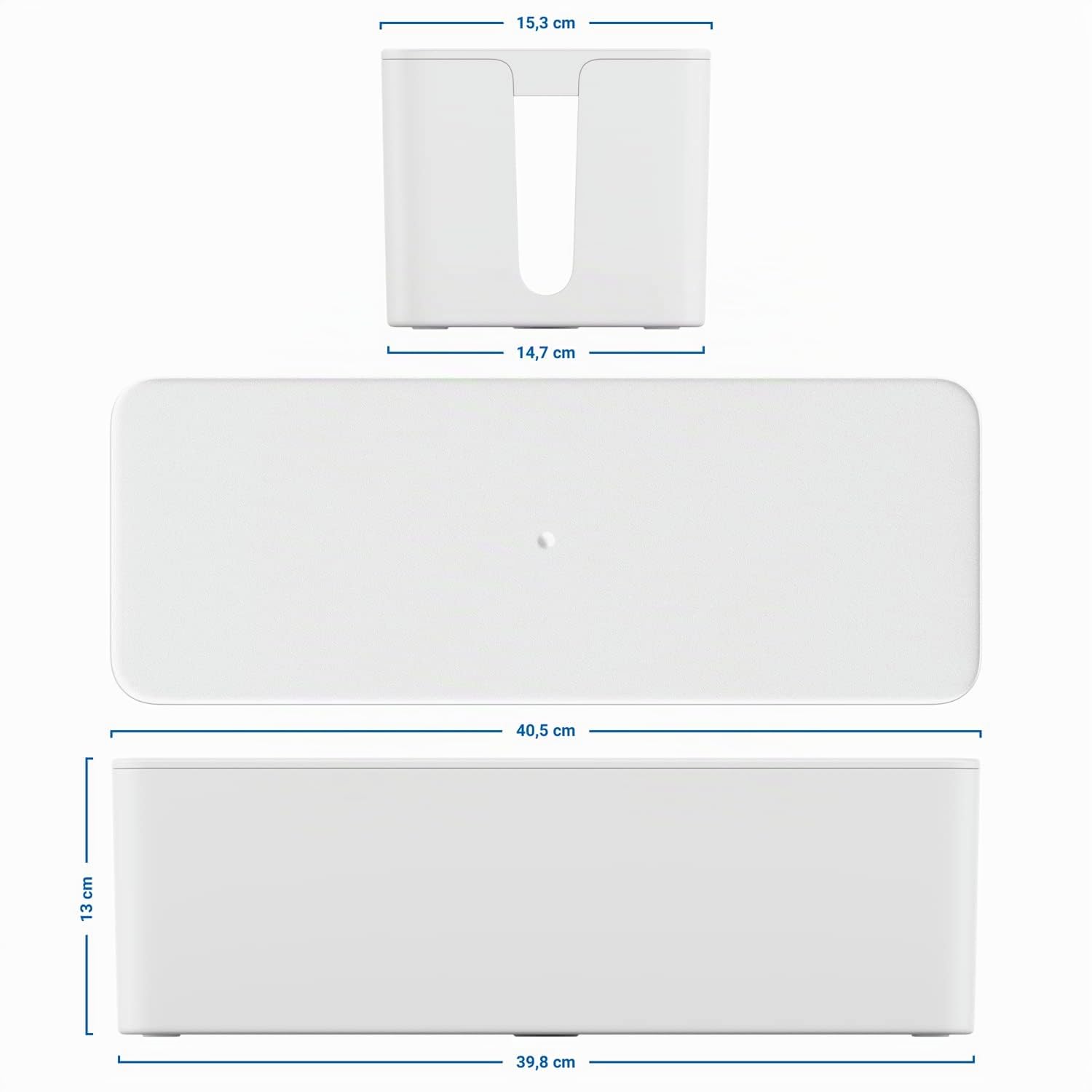 deleyCON Caja para Gestionar Caja Organizadora de Cables 40,5cm x 15,3cm x 13cm Plástico Robusto 2 Guías de Cables Protección y Seguridad Blanco
