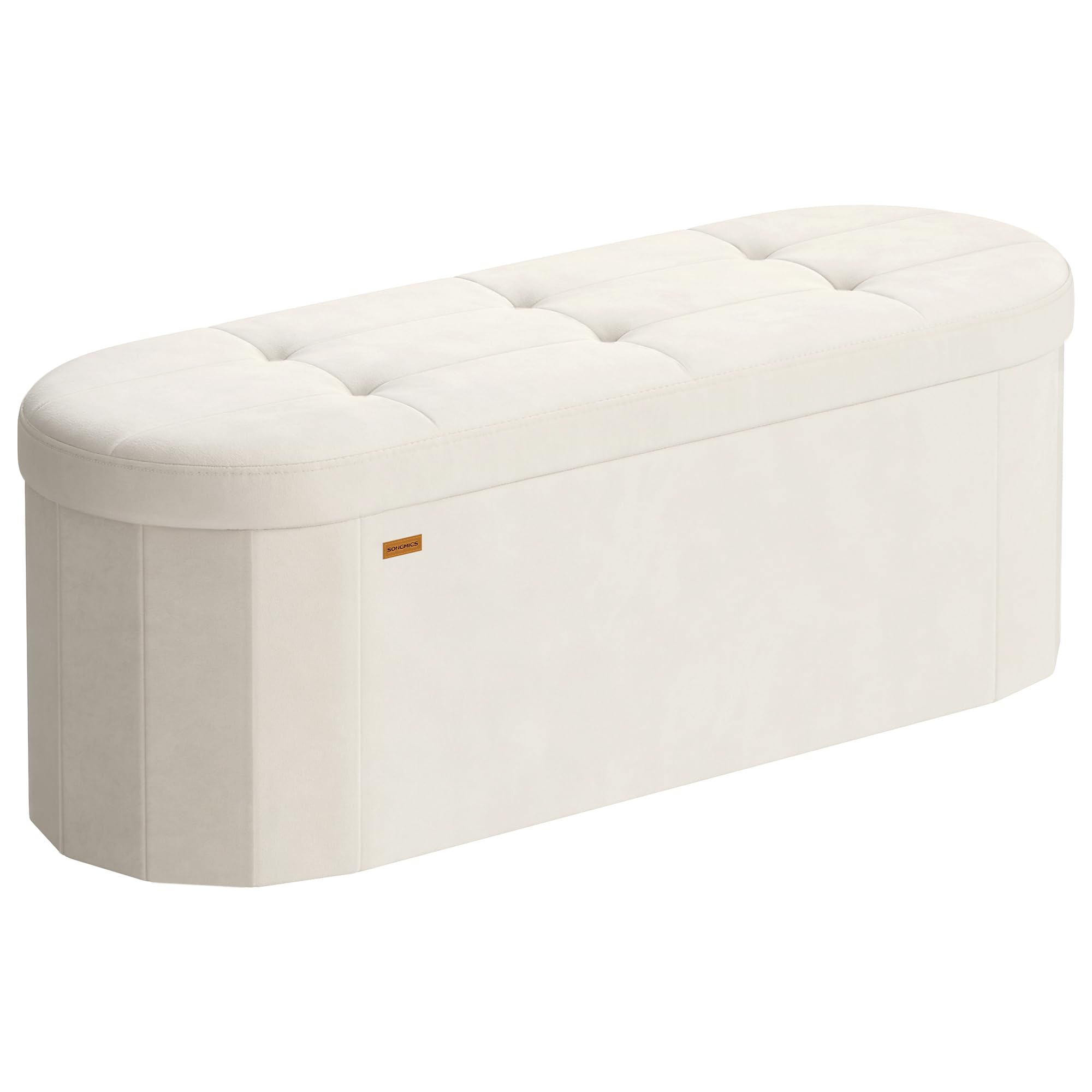 SONGMICS Mazie Collection - Folding Ottoman with Storage, Oval Storage Ottoman Bench, for Living Room, Bedroom, Velvet Fabric, 15 x 43 x 15 Inches, Cream White ULSF297LH01