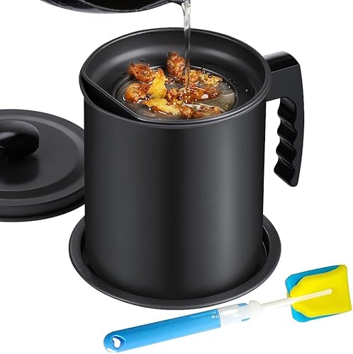 KEOUKE Contenedor de grasa de tocino con colador  1.3L  5.2 tazas de almacenamiento de aceite para aceite de cocina, aceite de freír con cepillo de