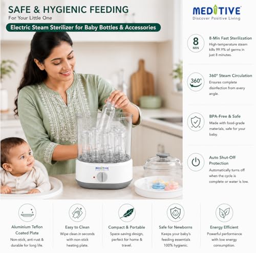 Image of MEDITIVE Electric Baby Bottle Sterilizer | 8-Min Fast 360 Sterilization | Aluminium Teflon Coated Heating Plate | Foldable Portable Sterilizer for Newborn Feeding Bottles & Accessories
