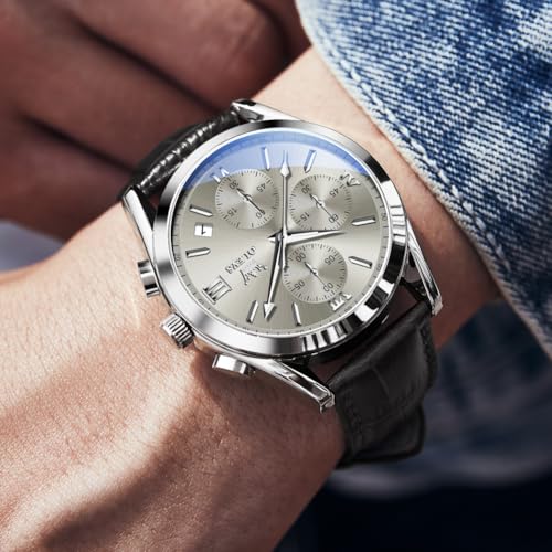 Image of OLEVS Men's Watches Brown Leather with Date,Casual Watches for Men,Large Face Watches Men,Chronograph Mens Watch,Sport Waterproof Business Dress Analog Quartz Men's Wrist Watches Reloj De Hombre