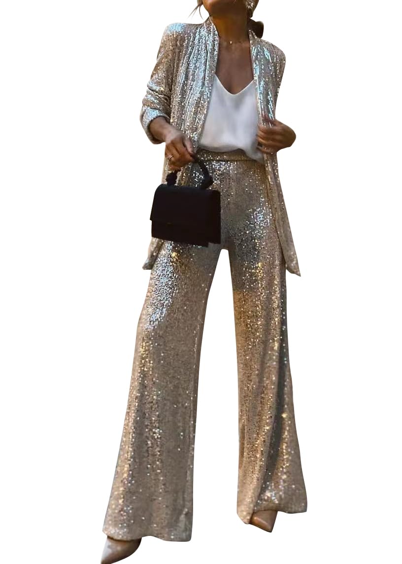 shownicer Damen Pailletten Anzug Zweiteiliger Blazer und Hose Business Hosenanzug Slim Fit Streetwear Damenanzug 2 Stück Set Festlich Pailletten Sets