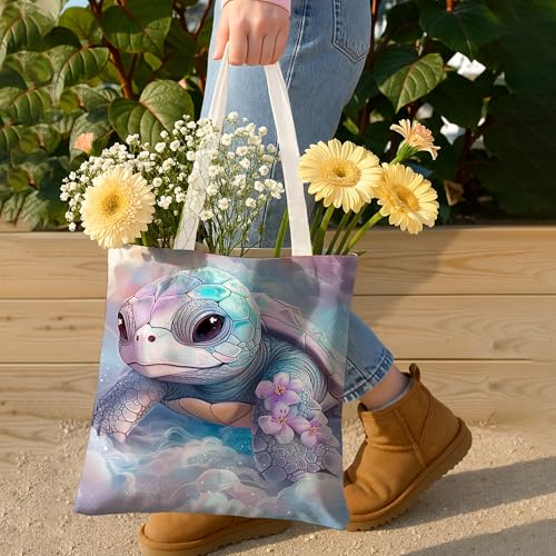 Turtle Canvas Tote Bags, Colorful Sea Creature Floral Pattern Reusable Bags, Artistic Lightweight Washable Shoulder Bags fo4