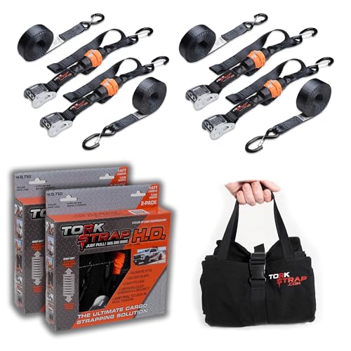 TorkStrap HD750 Bundle | 14 x 1.5 Heavy Duty Spring Loaded Tie Down Straps with Carry Bag - 2 250LB Max Load - Just Pull Alternative to Ratchet Straps - Integrated Soft Loops (4-Pack)