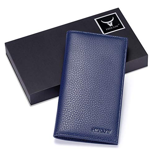 Image of HISCOW Slim Leather Checkbook Cover for Personal Checks, Pebbled Blue, One Size | Full grain cowhide, transaction register & check book pockets, removable duplicate divider, durable stitching, gifts for men